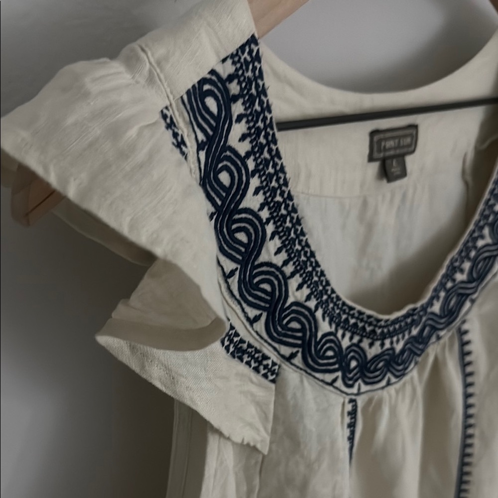 J. Crew Cream Blouse with Navy Embroidery
